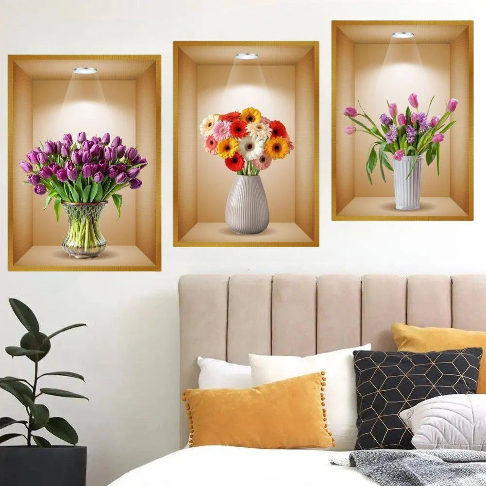 Pack of 3 Removable Self-Adhesive Wall Stickers - Home Decor Decals with Plants, Flowers - Grace Aura Store